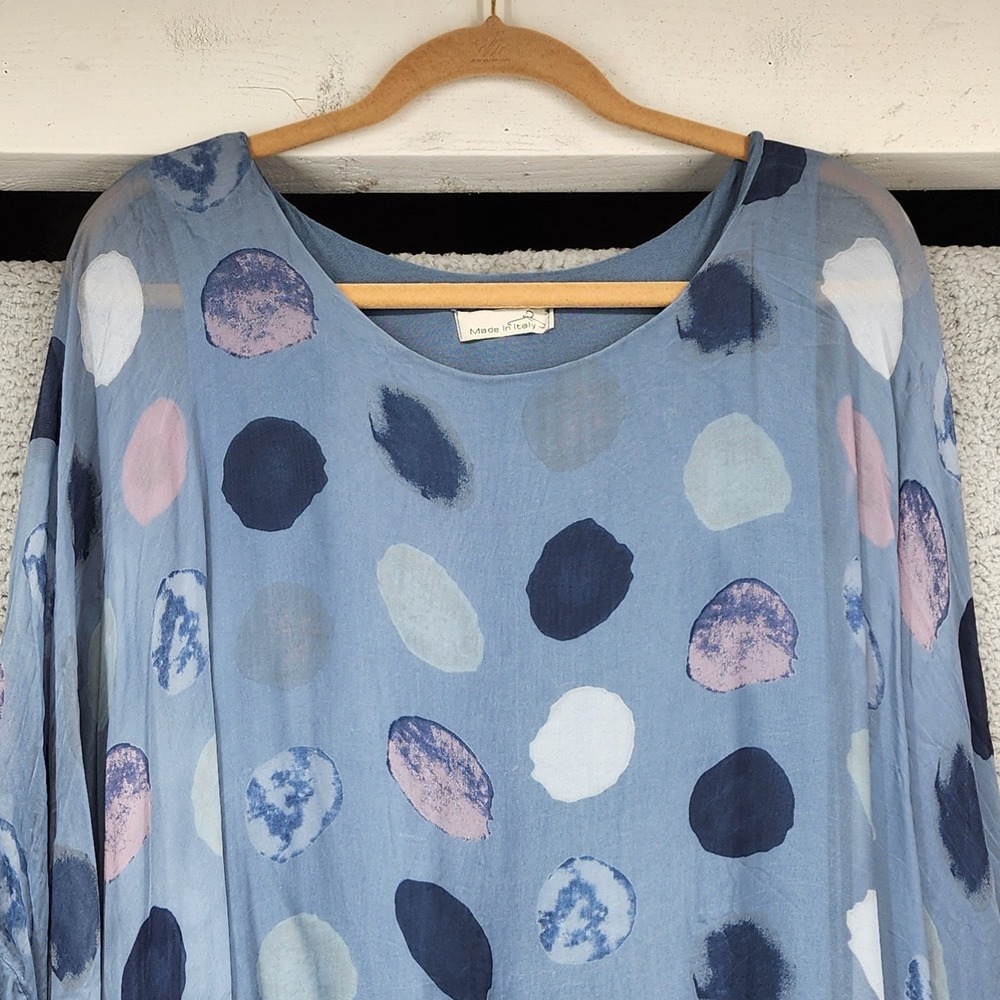Made in Italy Silk Blend Polka Dot Ponho Top Blue Painterly Layered Lagenlook - Picture 10 of 14